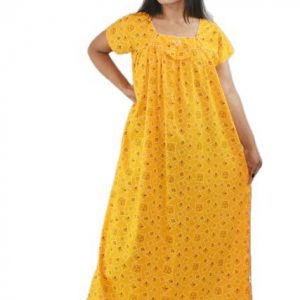 BDROX Yellow Cotton Maxi Nighty Square Neck Short Sleeves with Pipien