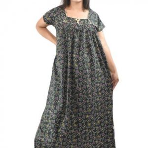 BDROX Dark Green Cotton Maxi Nighty Square Neck Short Sleeves with Pipien