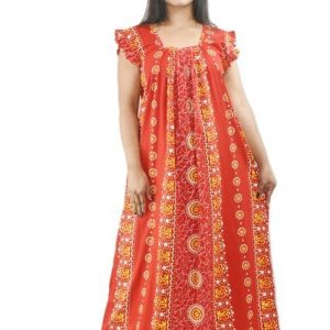 BDROX Red Cotton Maxi Nighty Square Neck Short Sleeves with Pleats