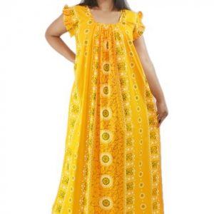 BDROX Yellow Cotton Maxi Nighty Square Neck Short Sleeves with Pleats