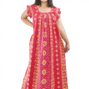 BDROX Pink Cotton Maxi Nighty Square Neck Short Sleeves with Pleats