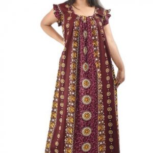 BDROX Maroon Cotton Maxi Nighty Square Neck Short Sleeves with Pleats