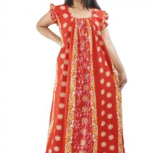 BDROX Red Cotton Maxi Nighty Square Neck Short Sleeves with Pleats