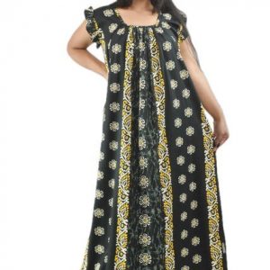 BDROX Green Cotton Maxi Nighty Square Neck Short Sleeves with Pleats