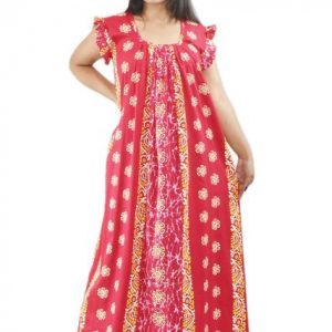 BDROX Pink Cotton Maxi Nighty Square Neck Short Sleeves with Pleats