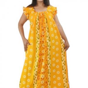 BDROX Yellow Cotton Maxi Nighty Square Neck Short Sleeves with Pleats
