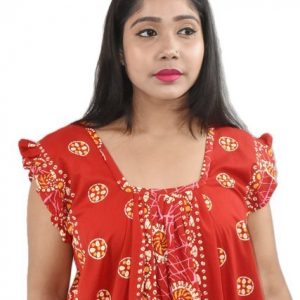 BDROX Red Cotton Maxi Nighty Square Neck Short Sleeves with Pleats