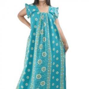 BDROX Sea Green Cotton Maxi Nighty Square Neck Short Sleeves with Pleats