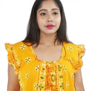BDROX Yellow Cotton Maxi Nighty Square Neck Short Sleeves with Pleats