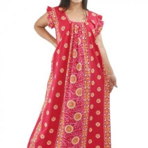 BDROX Pink Cotton Maxi Nighty Square Neck Short Sleeves with Pleats