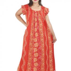BDROX Red Cotton Maxi Nighty Square Neck Short Sleeves with Pleats
