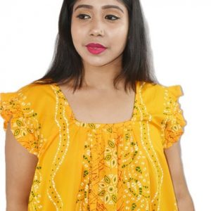 BDROX Yellow Cotton Maxi Nighty Square Neck Short Sleeves with Pleats