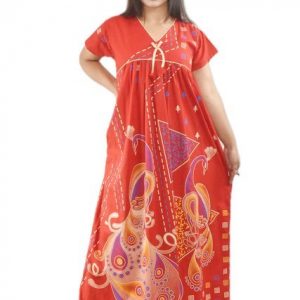 Red cotton maxi nighty V-neck short sleeves with Pipien