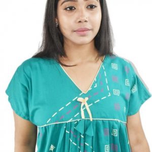 Sea Green cotton maxi nighty V-neck short sleeves with Pipien