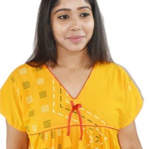 Yellow cotton maxi nighty V-neck short sleeves with Pipien