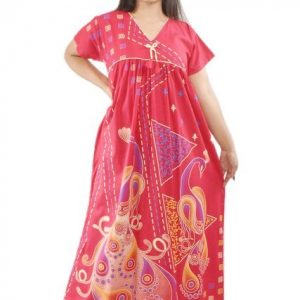 Pink cotton maxi nighty V-neck short sleeves with Pipien