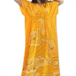 BDROX Pure Cotton Animal Print Yellow Kaftan Nighty