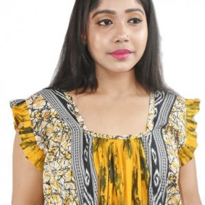 Yellow square neck Pleated Sleeve