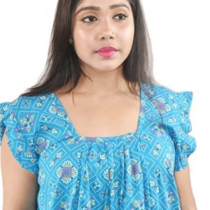 Blue square neck Pleated Sleeve