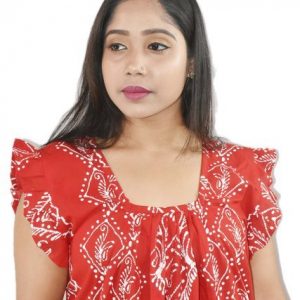 Red Square neck Pleated Sleeve