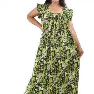 Green Pure Cotton Square Neck Pleated Sleeve