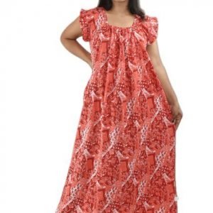 Red Pure Cotton Square Neck Pleated Sleeve