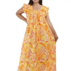 Yellow Pure Cotton Square Neck Pleated Sleeve