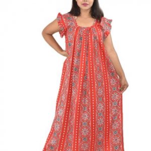 Red Pure Cotton Square Neck Pleated Sleeve