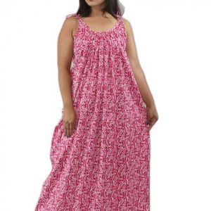 Pink Pure Cotton Square Neck Pleated Sleeve