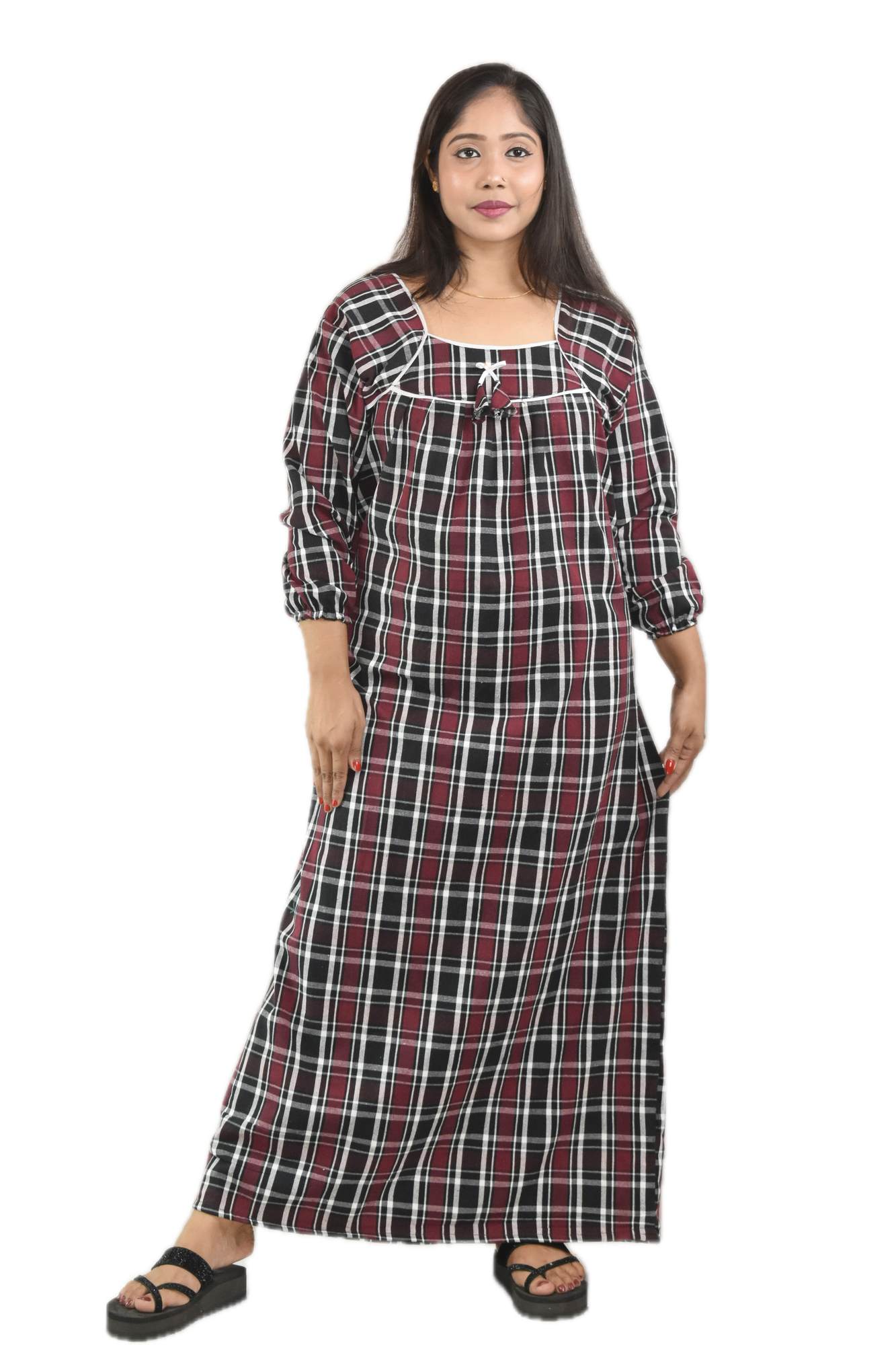 Maroon Square Neck With Chord Winter Woolen Cotton Nighty