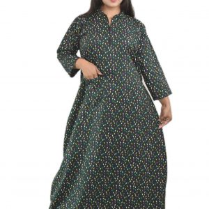 Dark Green Cotton Full Sleeve Collar Nighty