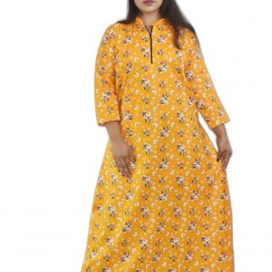Yellow Cotton Full Sleeve Collar Nighty