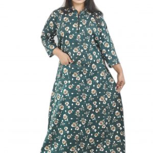 Green Cotton Full Sleeve Collar Nighty