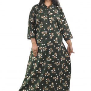 Green Cotton Full Sleeve Collar Nighty