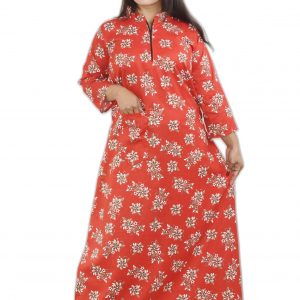 Red Cotton Full Sleeve Collar Nighty