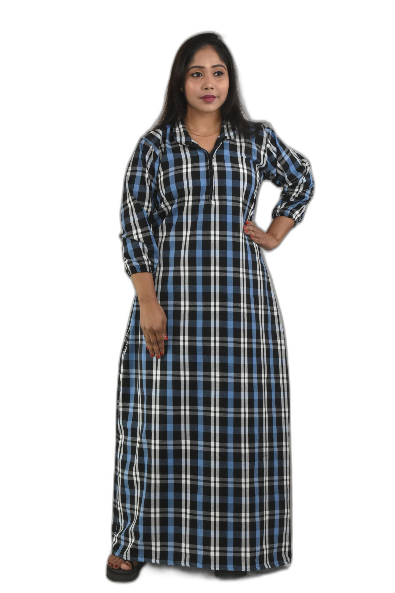 Sky Blue Shirt Collar With Front chain Winter Woolen Cotton Nighty