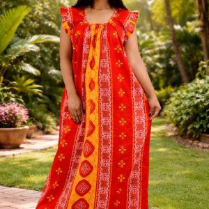 Red Square Neck Pleated Sleeve