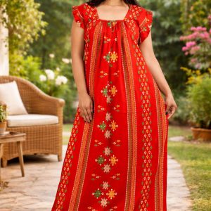 Red Square Neck Pleated Sleeve
