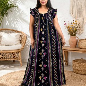 Navy Blue Square Neck Pleated Sleeve
