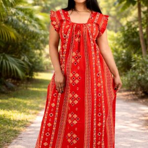 Red Square Neck Pleated Sleeve