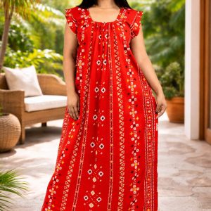 Red Square Neck Pleated Sleeve