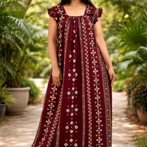 Maroon Square Neck Pleated Sleeve