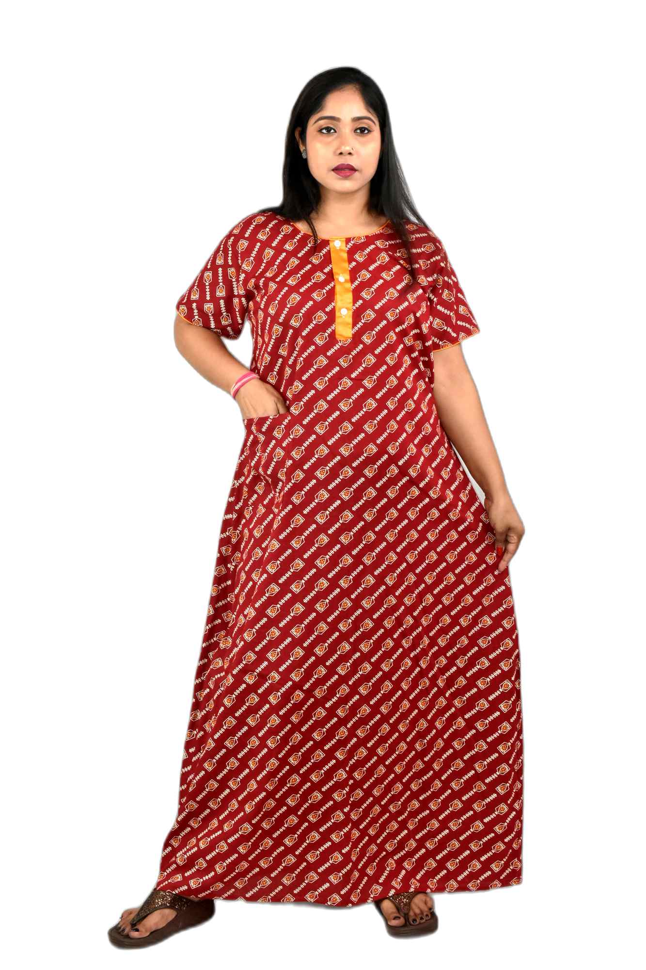 Maroon Round Neck Front Button with pocket Allan Maxi Nighty