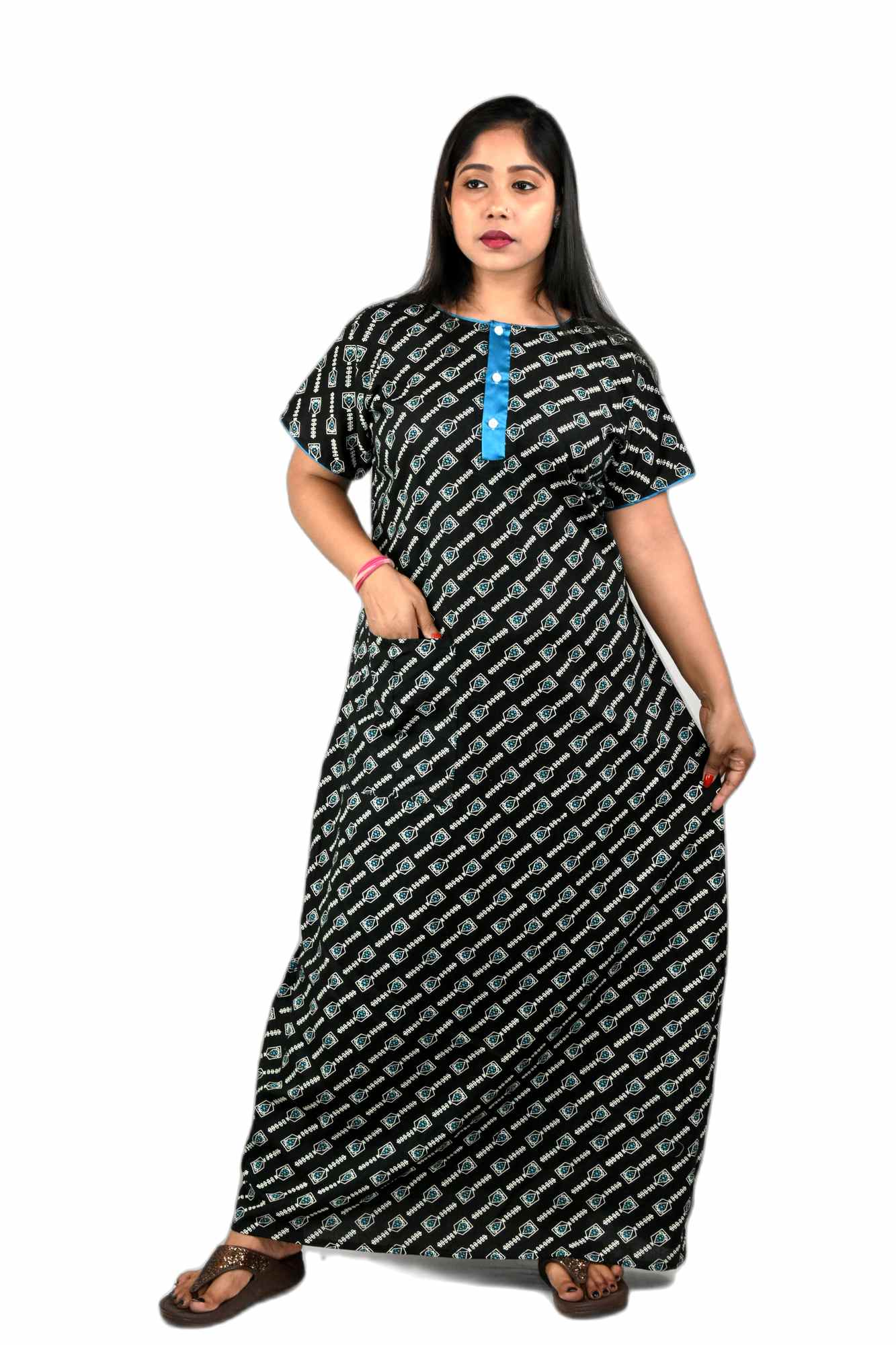 Green Round Neck Front Button with pocket Allan Maxi Nighty