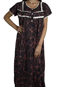 BDROX Premium Quality Designer Maxi Nighty in Black Base colour with Maroon Print