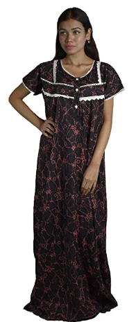 BDROX Premium Quality Designer Maxi Nighty in Black Base colour with Maroon Print
