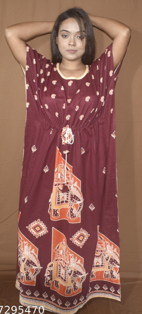 BDROX Indonesian Cotton Elephant Printed Maroon Kaftan Nighty_#meesho_1639207019Free Size_BFGNMF00000000618_Amazon#BFGNBLF0000000864