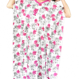 BDROX Cotton White with Pink Flower printed  Kaftan Nighty_amazon#_ BFINRF00000000423