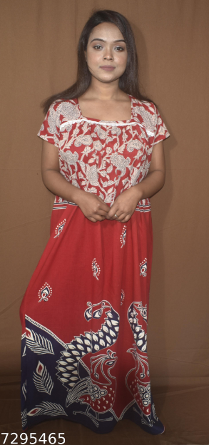 BDROX Indonesian Cotton Damini Peacock Printed Red Maxi Nighty_meesho#2127676104_