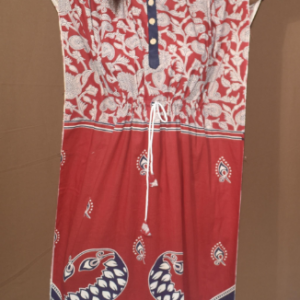 BDROX Indonesian Cotton Damini Peacock Printed Red Collared Kaftan Nighty_meesho#182580175